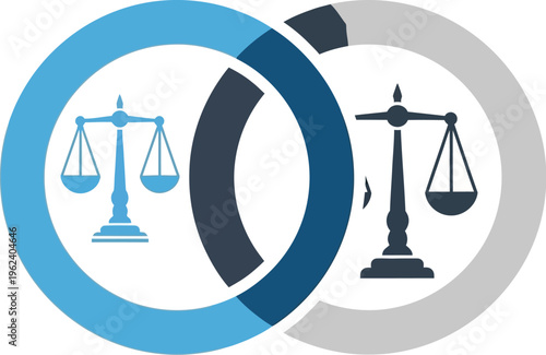 Two interlocking rings, one light blue and one dark gray, frame stylized scales of justice icons, representing balance, legal parity, and interconnected judicial systems.