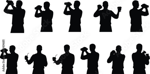 Professional bartender silhouette set showing various poses of mixing drinks with shakers and serving cocktails isolated on white background for nightlife and bar industry design.