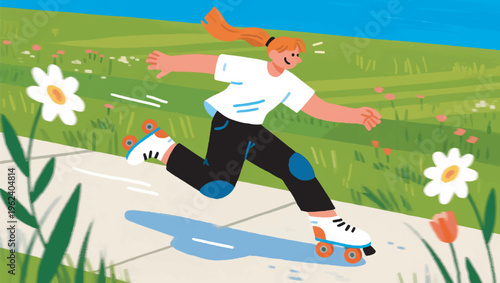 Illustration Of A Young Man Playing Roller Skates On A Park Path With Wildflowers On The Right And Left, Hair Blowing In The Wind Vector Design Template