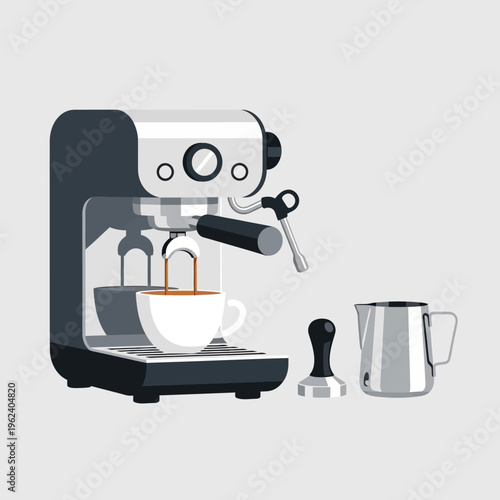 Espresso Machine Making Coffee with Milk Pitcher and Tamper