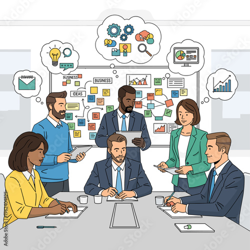 Business professionals collaborating in a meeting room, brainstorming ideas and developing strategies with a whiteboard and thought bubbles.