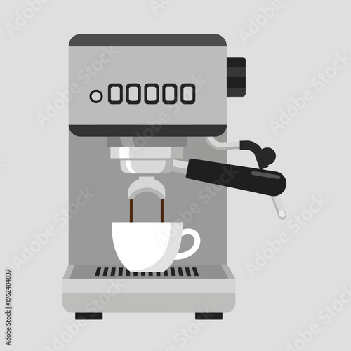 Espresso machine brewing coffee into a white cup, modern design, close-up shot