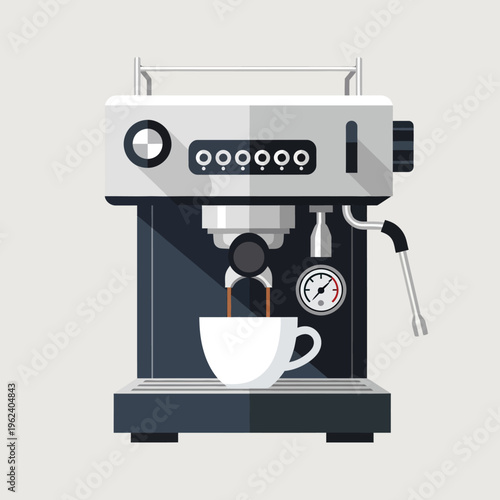 Modern Espresso Machine Brewing Coffee into a White Cup, Flat Design