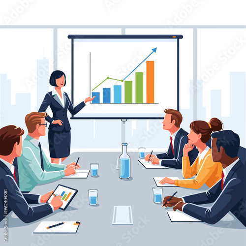 Businesswoman presenting a growth chart to a diverse team of colleagues in a modern boardroom meeting.