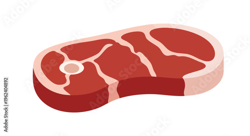 A flat illustration of a raw, red meat steak, with internal marbling and a white/light pink bone-like element. It has a rounded shape