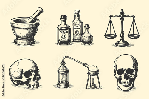 Antique apothecary bottles and tools collection, detailed engraving style illustration of vintage medical and alchemical elements