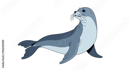 Graceful gray seal, reclining with its head lifted, showcasing its sleek body, cute face, and long whiskers, in a peaceful pose.