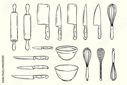 Minimalist set of vintage kitchen utensils, hand drawn retro cooking tools and bakeware vector illustration