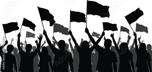Silhouette of a diverse crowd of people cheering and holding flags in the air isolated on white background representing protest, sports celebration, and social activism.