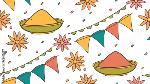 Colorful Holi powder bowls, festive flowers and flags vector set
