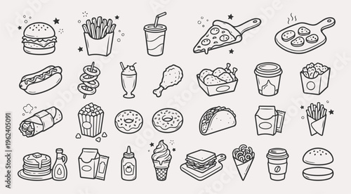 Fast food elements set with burger, fries, and pizza, hand drawn outline sketch vector illustration