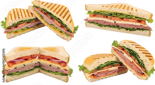 Grilled Sandwich Collection with Toasted Panini, Ham, Cheese, Lettuce, Tomato, and Delicious Deli Layers Vector Illustration