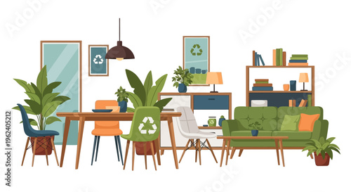 Sustainable Interior Design Vector: Eco-Friendly Living and Dining Room with Green Plants and Recycling Theme on White