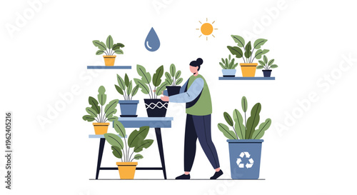 Woman Tending Indoor Potted Plants and Home Garden: Green Living, Sustainability & Recycling Concept Vector Illustration