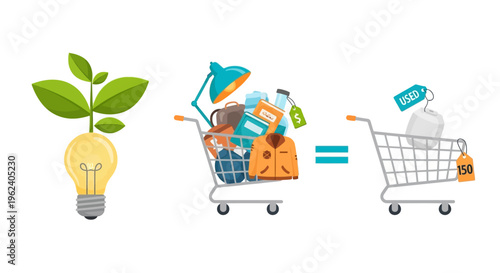 Sustainable Economy Concept: Transforming Ideas and Purchases into Second-Hand Value and Green Savings