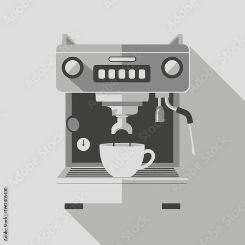 Modern Espresso Machine Making Coffee in a Cup, Flat Design, Gray Tones