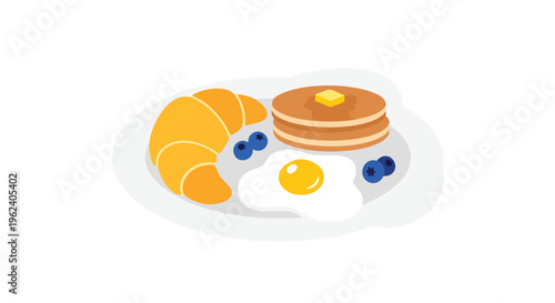 A cartoon depiction of a breakfast plate, containing a croissant, pancakes with butter, a fried egg and blueberries
