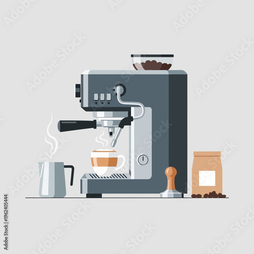 Espresso Machine Making Coffee with Beans and Milk Jug