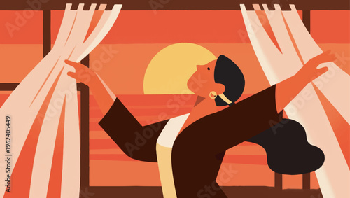 Illustration Of A Character Opening His Arms Wide Facing The Morning Sun, Thin Curtains Blowing In The Wind Vector Design Template