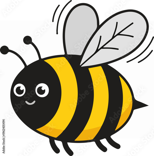 Cute cartoon bee flying with wings, yellow and black stripes.