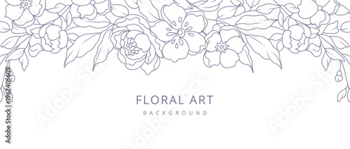 Abstract floral background with spring flowers and leaves in line art style. Hand drawn botanical elements. Vector illustration for card, banner, print, poster, cover, wedding invitation, packaging