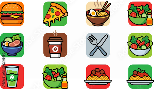Delicious Food Icons - A Colorful Collection of Culinary Delights.