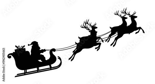 Silhouette of Santa Claus riding a sleigh pulled by reindeer, black and white illustration with festive holiday theme