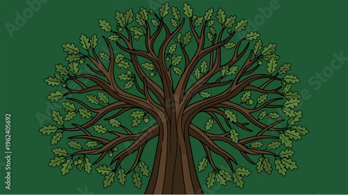 Detailed illustration of a large tree with lush green foliage and brown trunk.