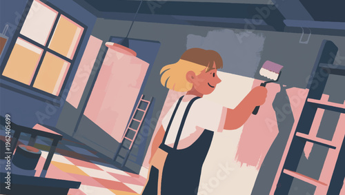 Illustration Of A Character Painting A Wall, The Old Gray Color Changes To A Bright Pastel Color Vector Design Template
