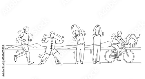 Line art illustration of active seniors exercising outdoors, including jogging, tai chi, stretching, and cycling, set against a simple scenic background