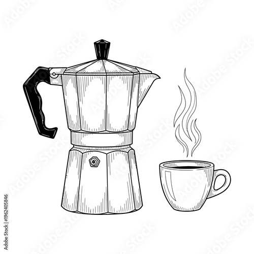 Espresso Moka Pot and Steaming Coffee Cup Drawing