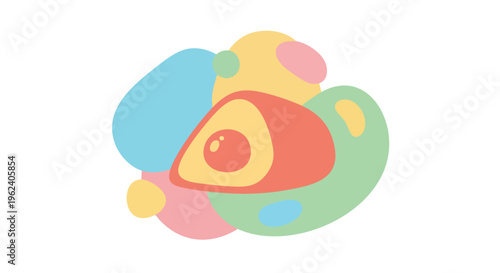 A cluster of colorful organic shapes in pastel hues forms an abstract composition. The elements overlap, creating an intriguing visual design on a white background