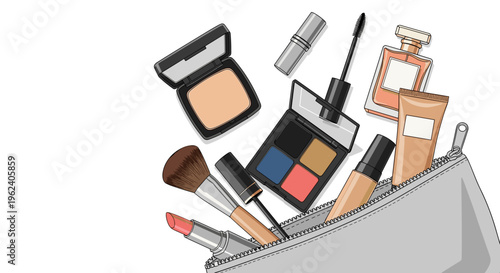 Illustration of a makeup bag overflowing with various cosmetic products including lipstick, mascara, and foundation against a white background