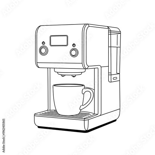 Modern coffee maker with a cup, line art illustration, kitchen appliance, morning beverage preparation