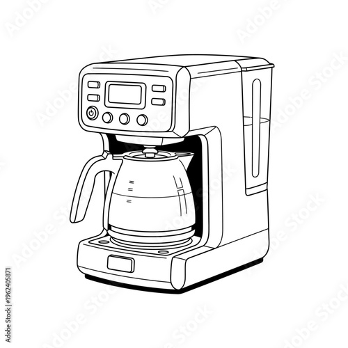Modern automatic coffee maker with glass carafe and digital display, line art illustration