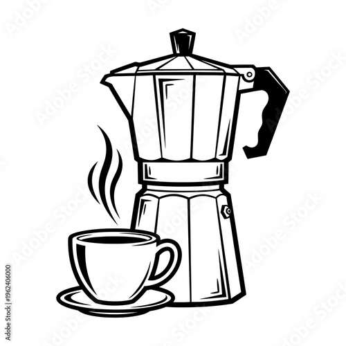 Vintage Moka Pot Coffee Maker with Steaming Cup of Coffee, Black and White Illustration