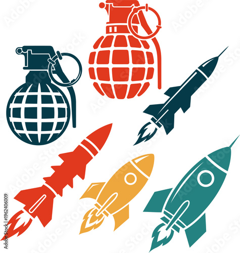Assorted military weapon and rocket icons including hand grenades and ballistic missiles.