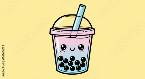 Cute cartoon illustration of bubble tea with smiling face and tapioca pearls on yellow background