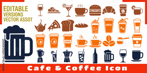 Cafe and coffee icon set with assorted beverage glass mug and breakfast food illustrations.