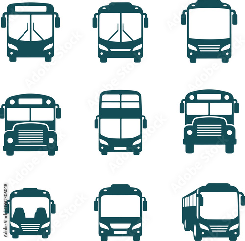 Blue bus icons front view collection on transparent background vector.