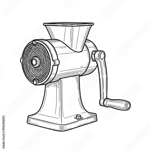 Vintage Manual Meat Grinder, Hand Crank Kitchen Tool, Retro Food Processor Illustration