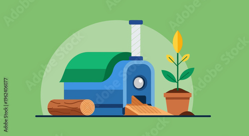 Sustainable Wood Processing & Forestry: Sawmill Machine, Logs, Lumber, and Growing Plant Symbolizing Eco-Friendly Production and Resource Management