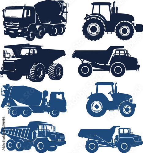 Construction vehicle silhouettes set with concrete mixers dump trucks and farm tractors.