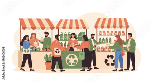 Vibrant Sustainable Market Scene: Conscious Shoppers with Reusable Bags Embrace Eco-Friendly and Zero Waste Local Products