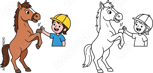 Little Boy Giving High Five to Rearing Horse Cartoon Illustration and Coloring Page Fun Equestrian Activity Vector Art for Kids