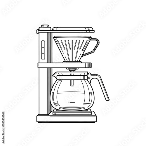 Drip coffee maker with glass carafe and filter cone, line art illustration