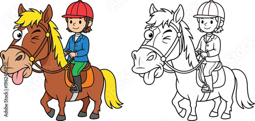 Little Boy Knight Riding Horse with Sword and Shield - Medieval Cartoon Illustration and Coloring Page for Kids Vector Art