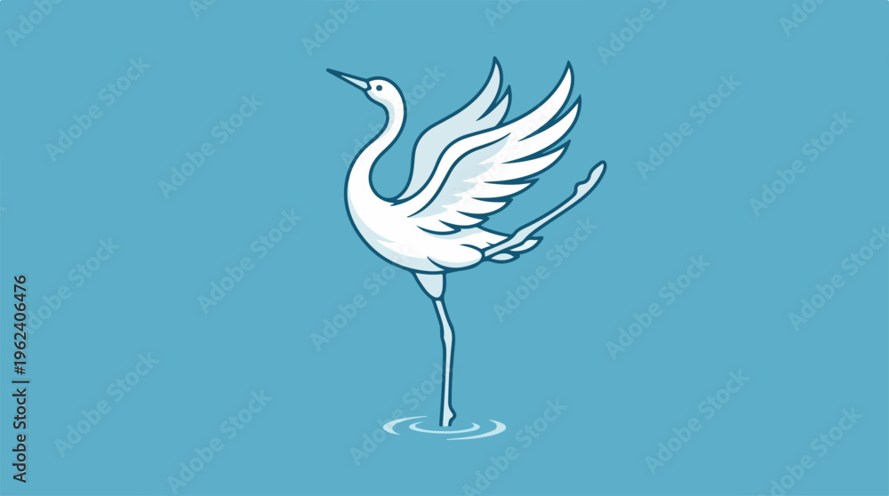 Naklejka premium Elegant white crane gracefully balancing on one leg in water.