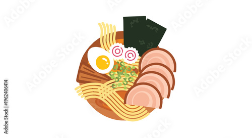 A vibrant, flat illustration of a bowl of ramen. The dish features noodles, an egg, meat, seaweed, and toppings. It's a colorful, appetizing design