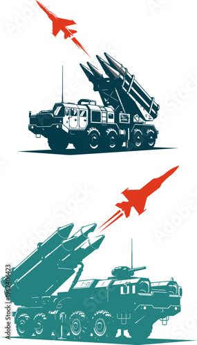 Military surface to air missile launcher truck vehicle icon set isolated on transparent.